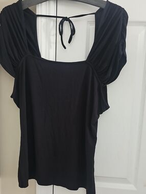 VENUS Black Square Neck Draped Sleeve Blouse